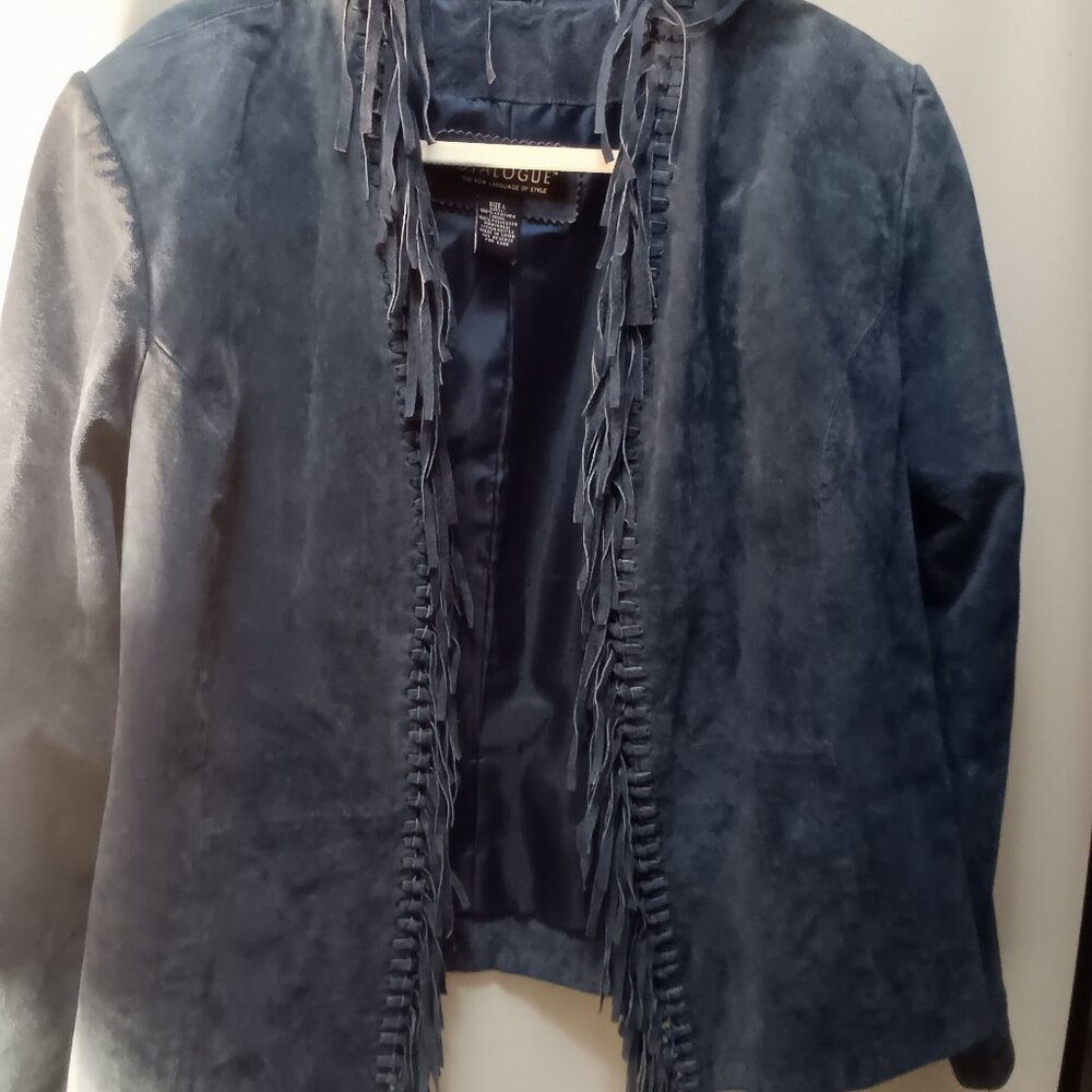 VINTAGE BOHO / HIPPIE DIALOGUE 100% Leather Jacket BLUE FRINGE WOMEN'S SIZE LARG